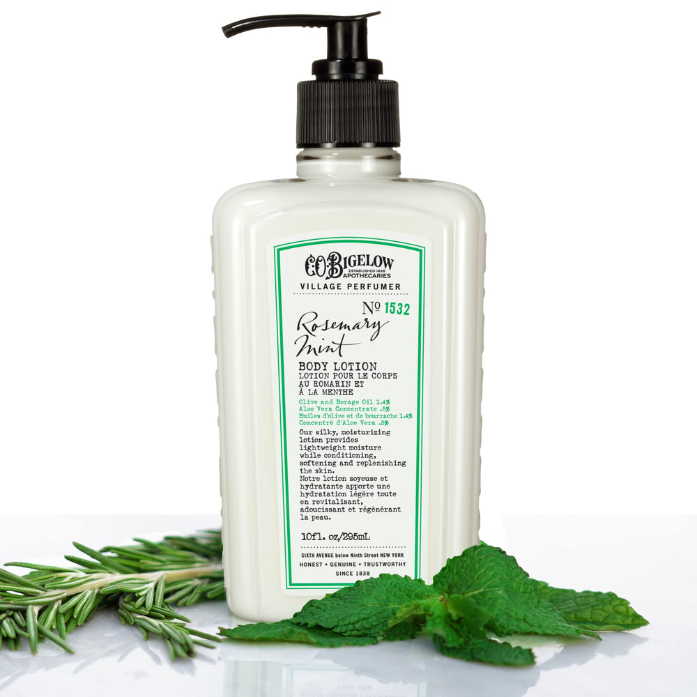 C.O. Bigelow Lotion romarin-menthe, bouteille: hydratation durable et douceur immédiate.