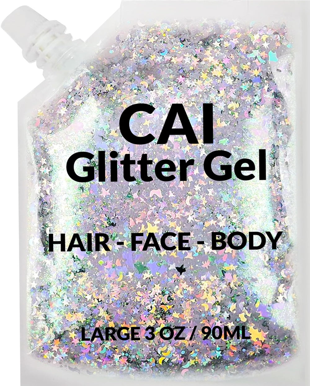 Gel paillettes visage CAI BEAUTY NYC avec lune et etoiles pour un éclat festif.