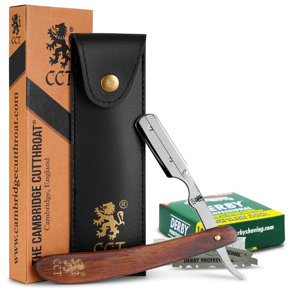 The Cambridge Cutthroat rasoir droit en bois Missanda et acier inox, précision durable.