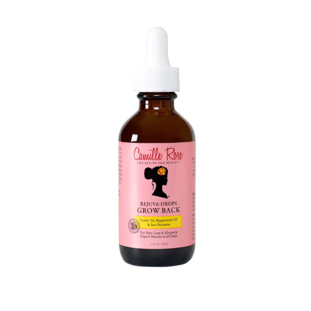 Camille Rose Rejuva Grow: bouteille, texture légère nourrissant le cuir chevelu et stimulant les follicules.