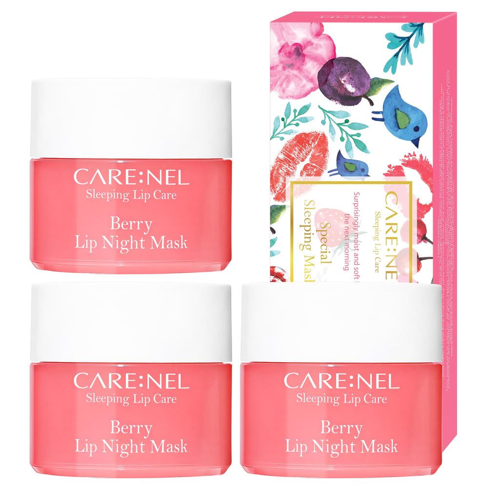 CARE:NEL Masque Nuit Lèvres Berry ensemble 3: hydratation nocturne pour lèvres douces.