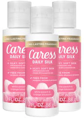 Gel douche Caress Daily Silk, pack de 3 bouteilles de 90 ml, douceur quotidienne pour la peau.