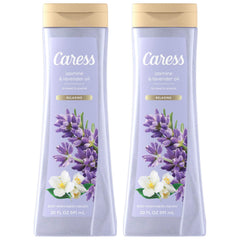 Caress gel-douche jasmin-lavande en bouteille, parfum apaisant pour la peau.