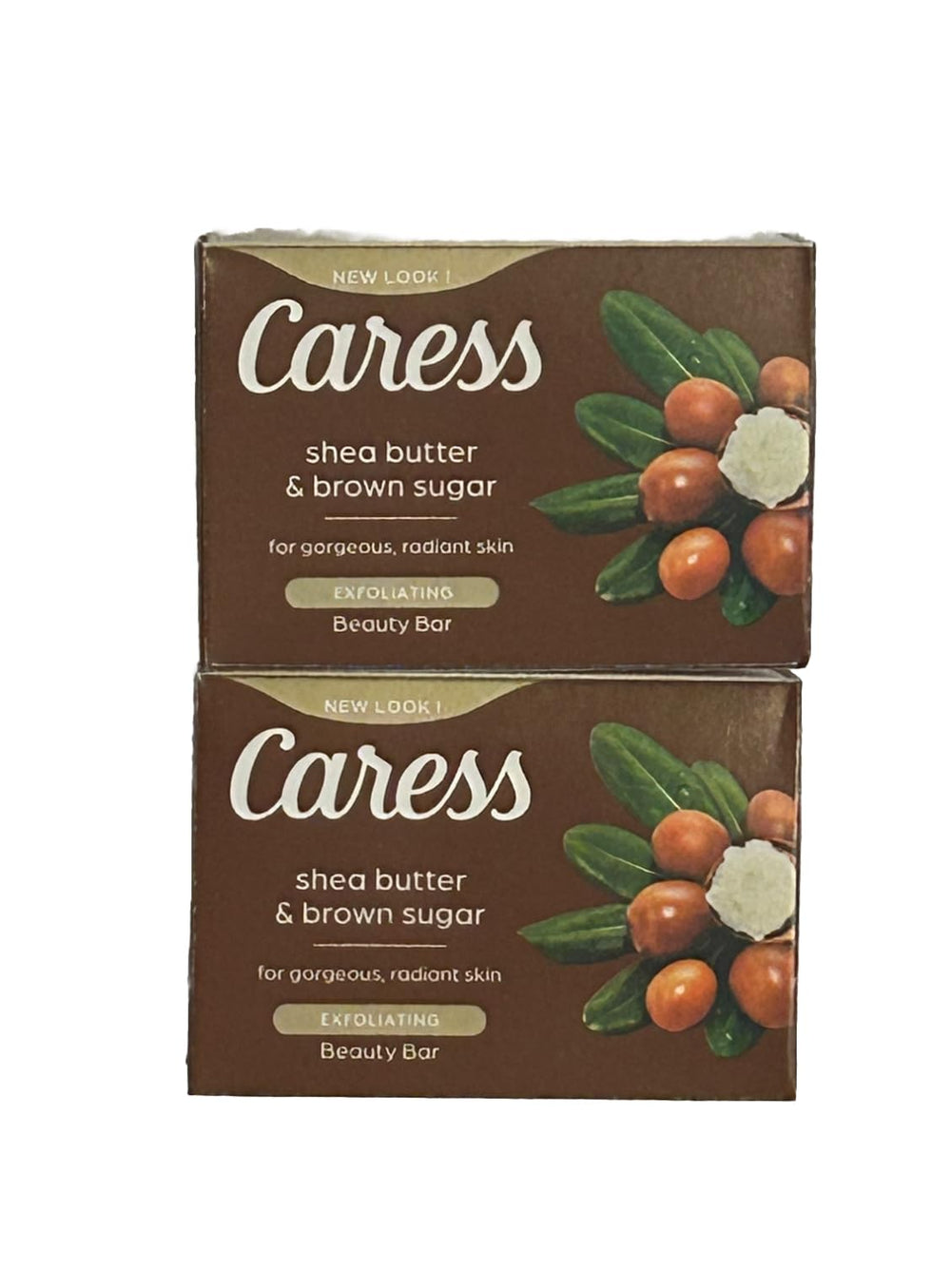 Caress savon-barre karité et sucre brun, hydratation douce et exfoliation légère pour la peau.