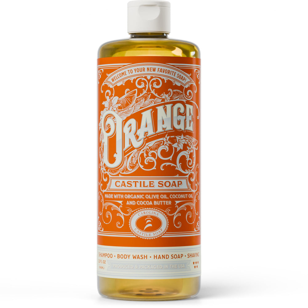 Savon Carolina Castile Orange en flacon 946 ml, parfum frais pour corps et cheveux.