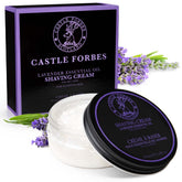 Castle Forbes Crème de rasage lavande – bouteille, texture riche pour un rasage confortable.