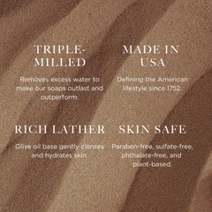 Savon moulé triple, texture riche et durable pour une mousse généreuse.