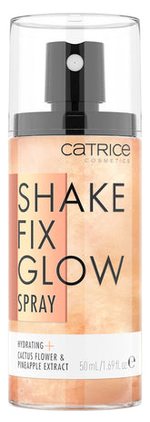 Catrice Shake Fix Glow Spray – bouteille lumineuse qui fixe le maquillage et hydrate la peau.