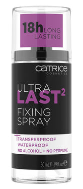 Catrice Ultra Last2 Fixing Spray, flacon transparent, tenue longue durée.