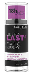 Catrice Ultra Last2 Fixing Spray, flacon transparent, tenue longue durée.