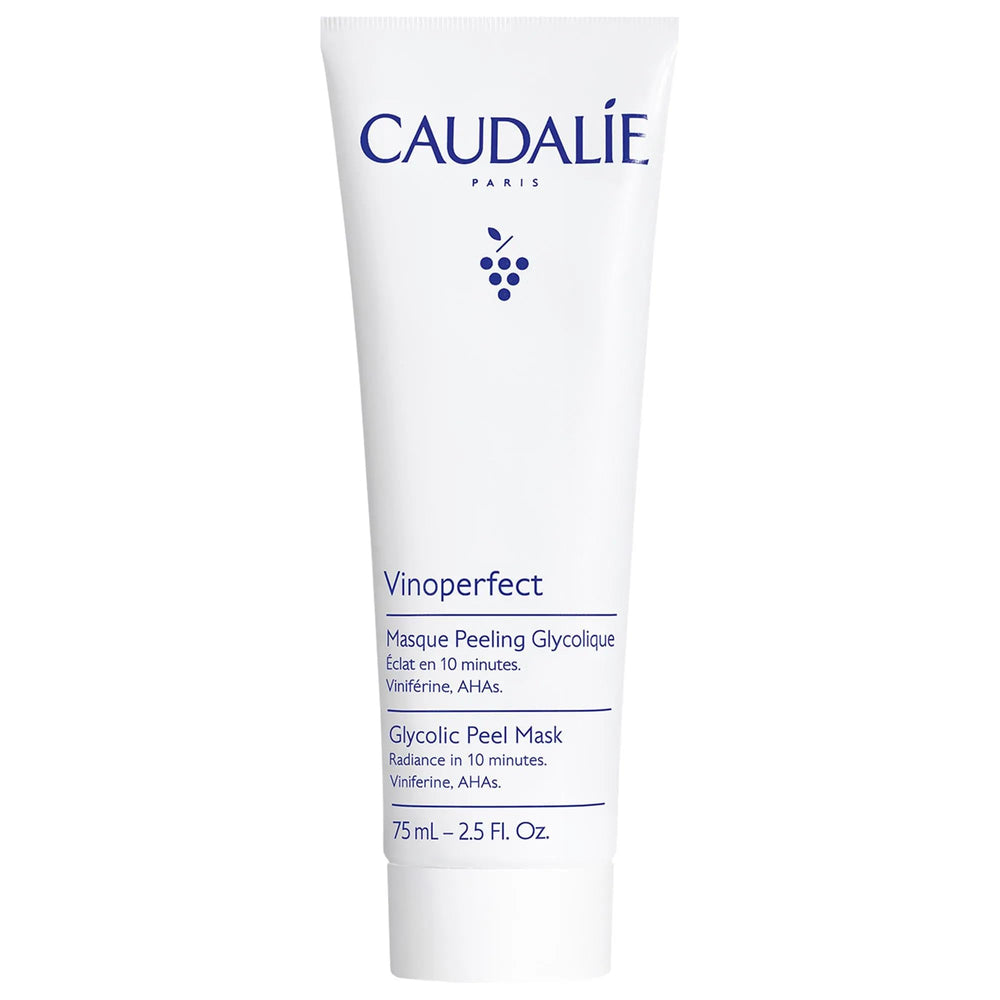 Caudalie Vinoperfect Masque Peel, bouteille 75 ml, révèle un teint plus lumineux en 10 minutes.