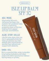 Cay Skin Isle baume lèvres SPF30 — goût vanille sucre brun et voile teinté léger.
