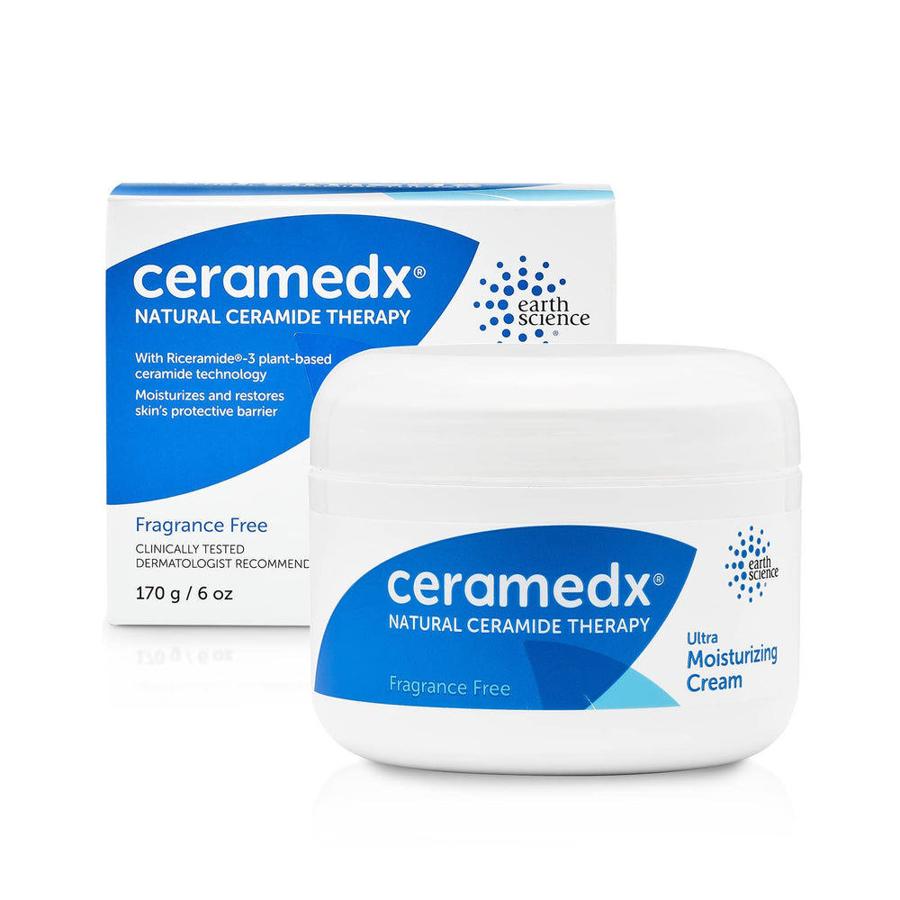 Ceramedx, bouteille de crème ceramide naturelle, hydratation durable pour peaux sensibles.