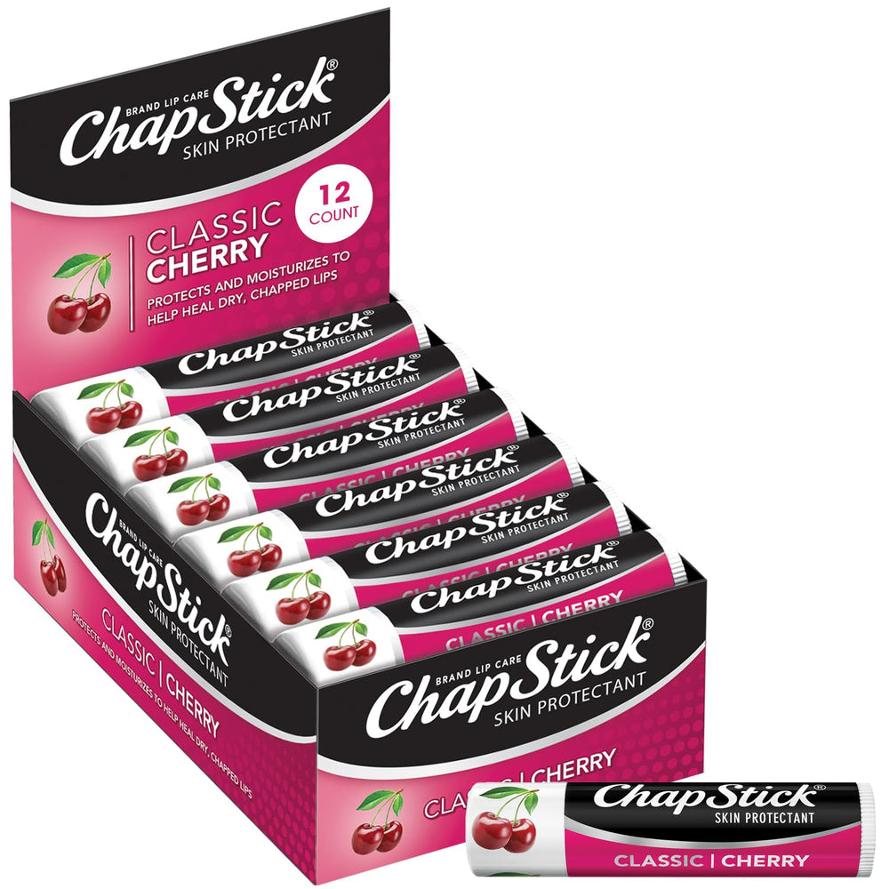ChapStick Classic Cherry 12-pack tubes for daily lip moisture on the go.