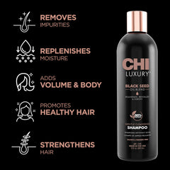 CHI Shampoing Nigelle Luxe – mousse dense, texture veloutée pour plus de volume.