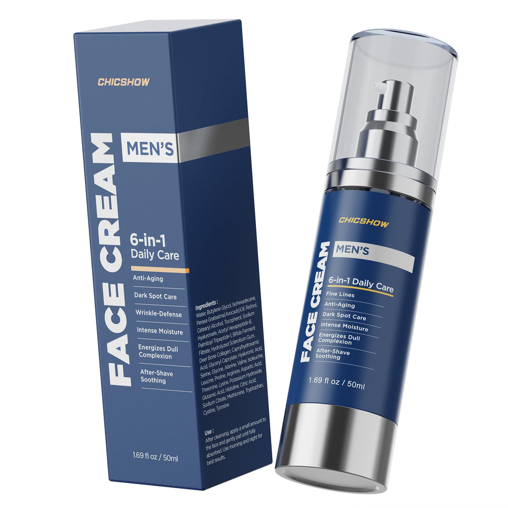 Crème visage chicshow 6 en 1 bleu, hydratante et revitalisante pour peau d'homme.
