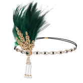 Bandeau flapper Choyaxo avec plume verte, accessoire rétro pour fêtes à thème.