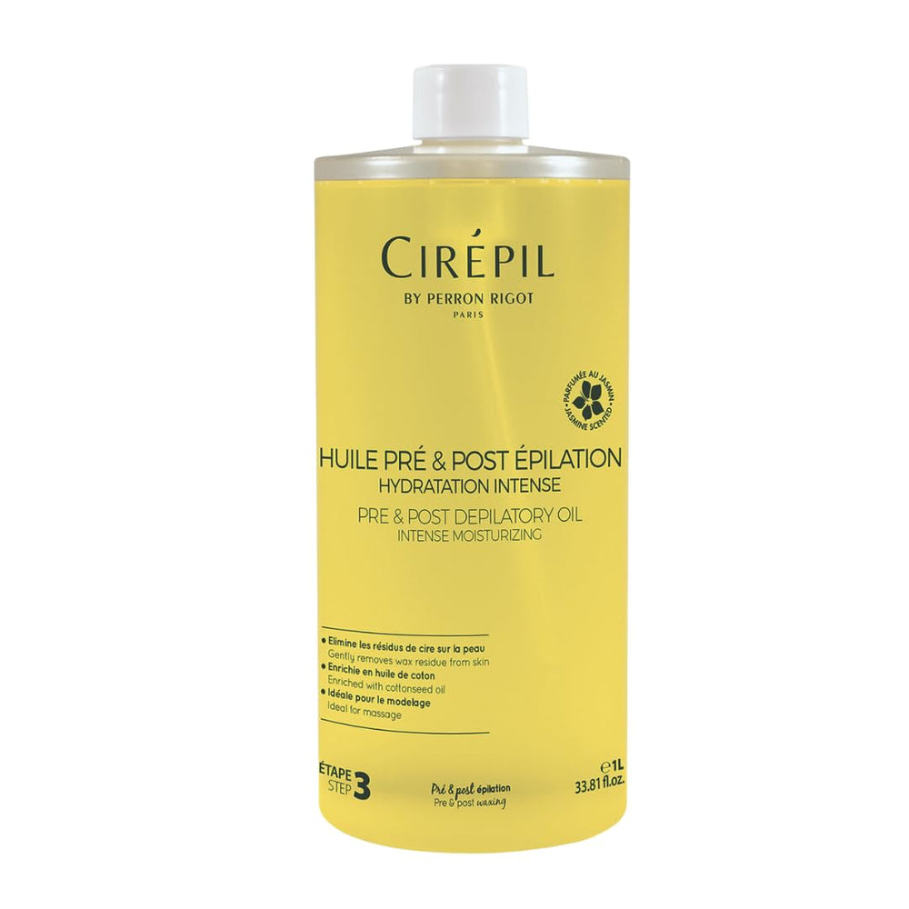 Huile Cirepil pré‑épilation: bouteille 1000 ml prête à l’emploi et protection légère.