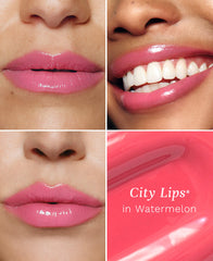 Application City Beauty City Lips Watermelon sur les lèvres.