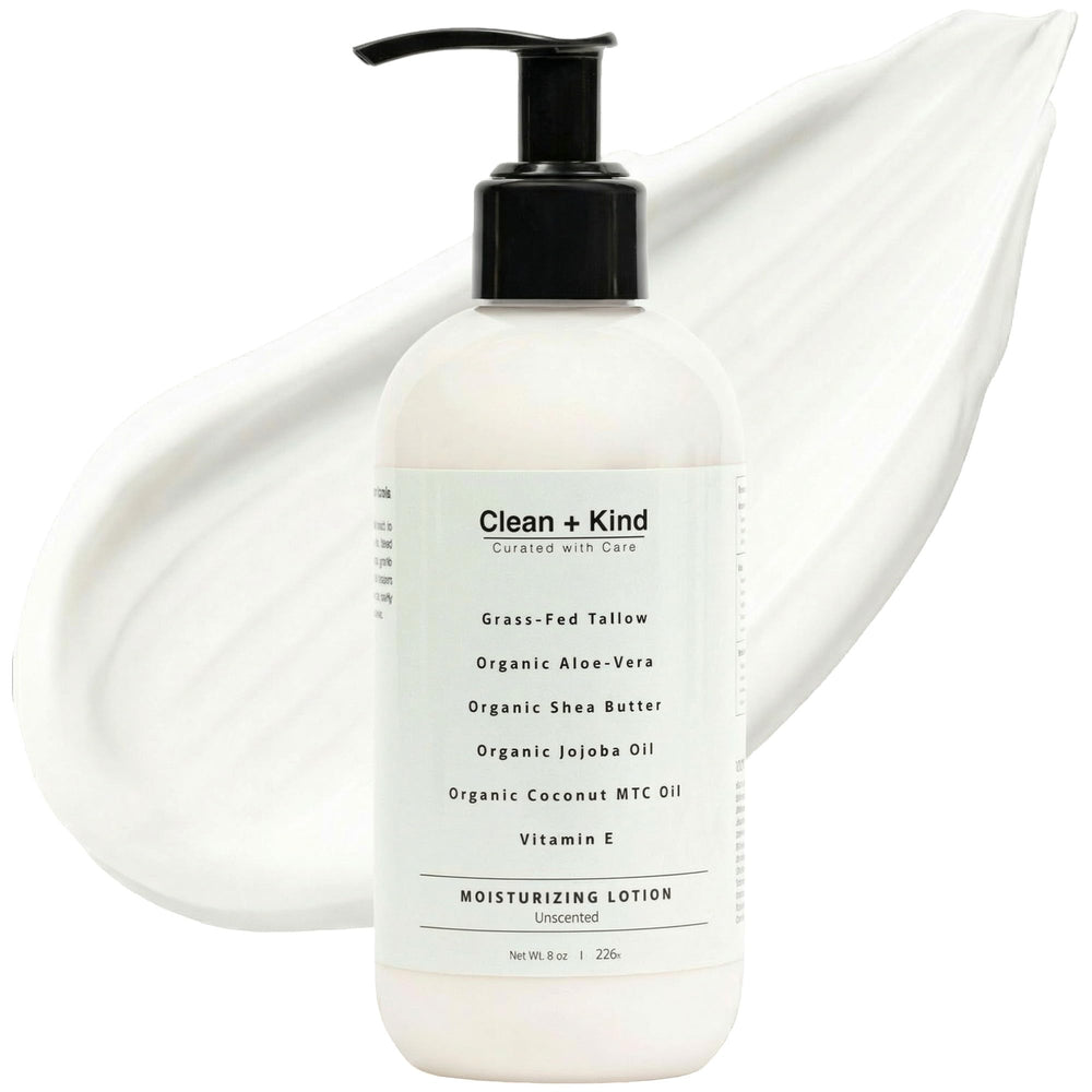 Lotion hydratante Clean + Kind, bouteille pratique et facile à utiliser.