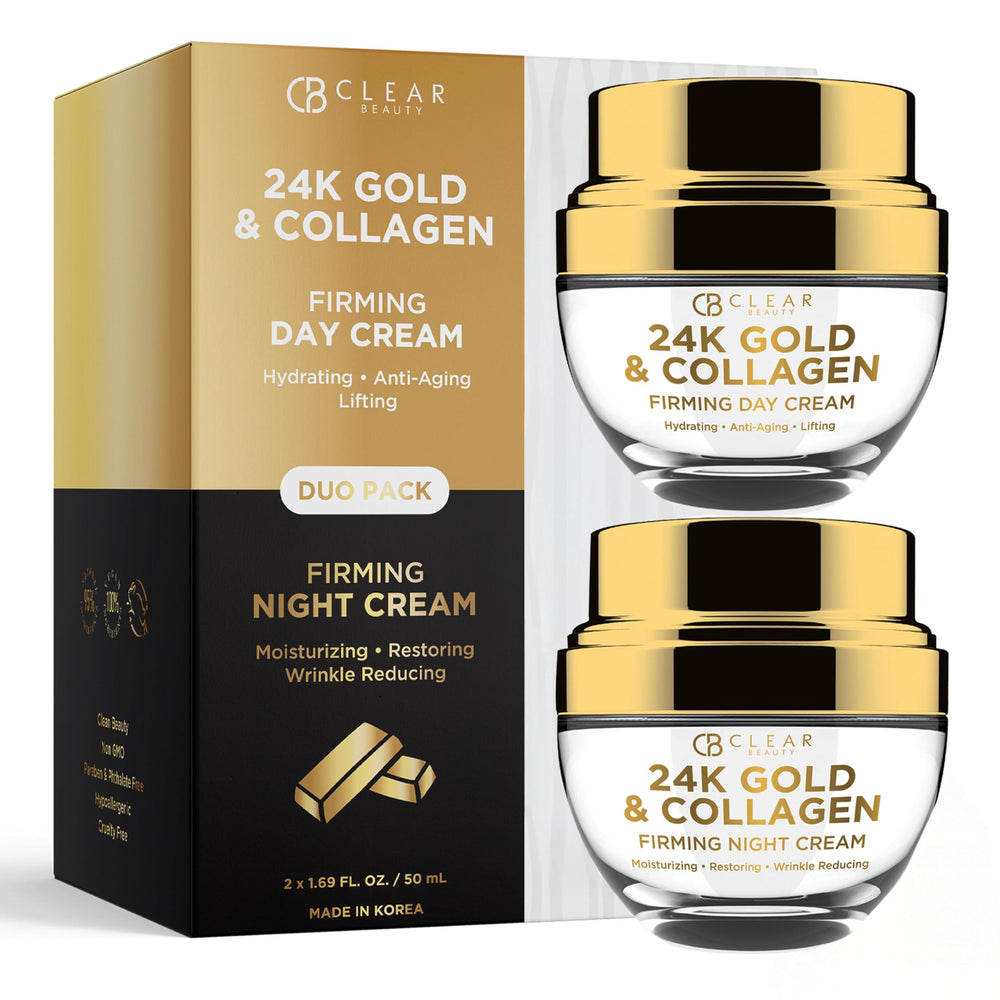 Clear Beauty – bouteille crème visage 24K or et collagène pour hydratation durable.