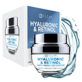 Clear Beauty Hyaluronic and Retinol moisturizer jar with glossy hydration for radiant skin.