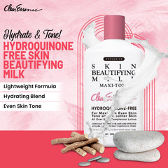 Texture crèmeuse du lait Clear Essence Maxi-tone prête à hydrater les peaux sèches.
