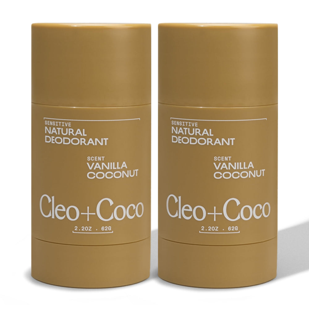 Cleo+Coco baume déodorant sensible vanille coco dans sa boîte, fraîcheur naturelle prolongée.