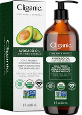 Cliganic Avocado Oil dans une bouteille pour visage et cheveux, nourrissant quotidiennement.