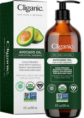 Cliganic Avocado Oil dans une bouteille pour visage et cheveux, nourrissant quotidiennement.