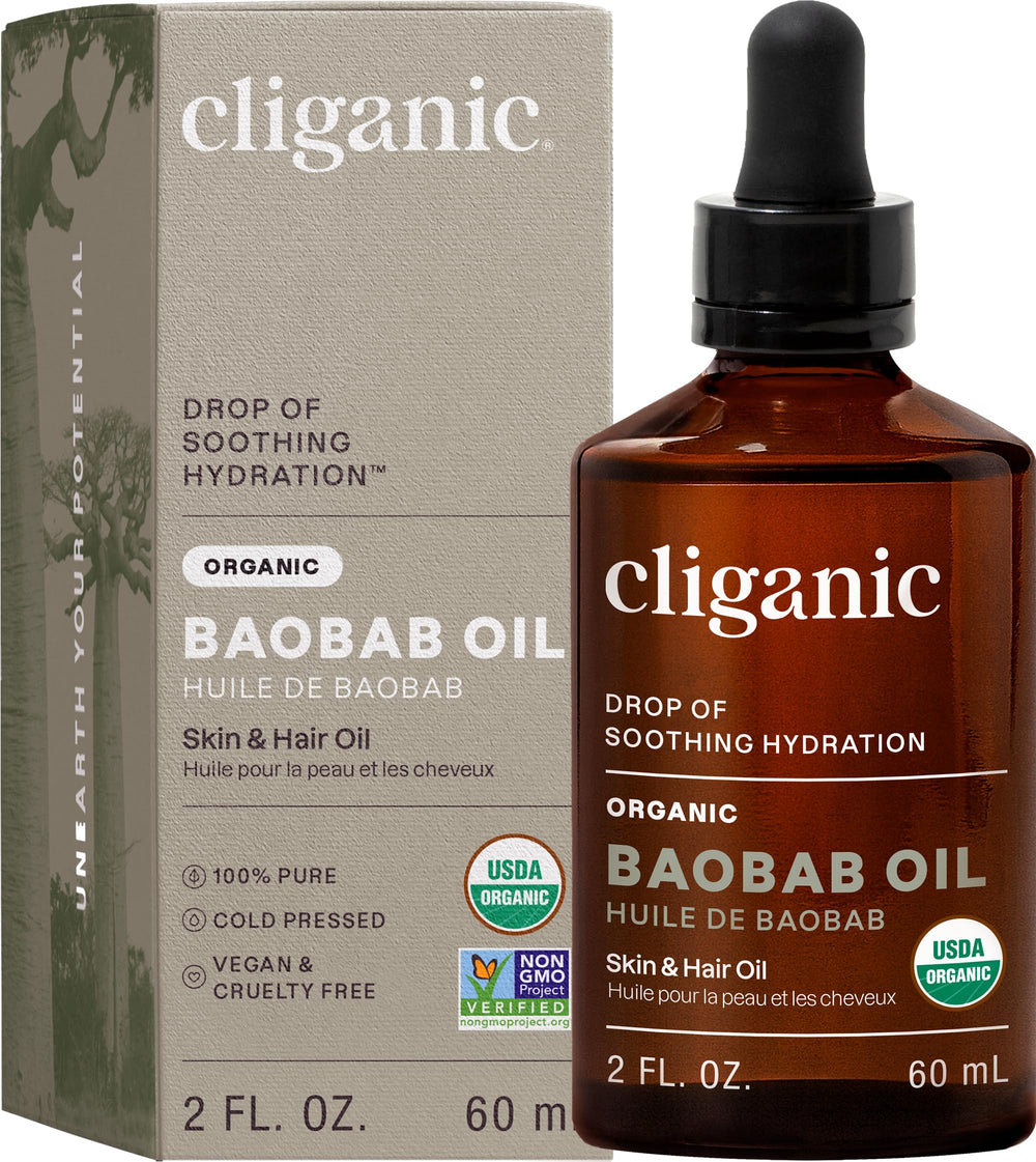 Huile de baobab Cliganic — bouteille-avant, hydratation légère pour peau et cheveux.