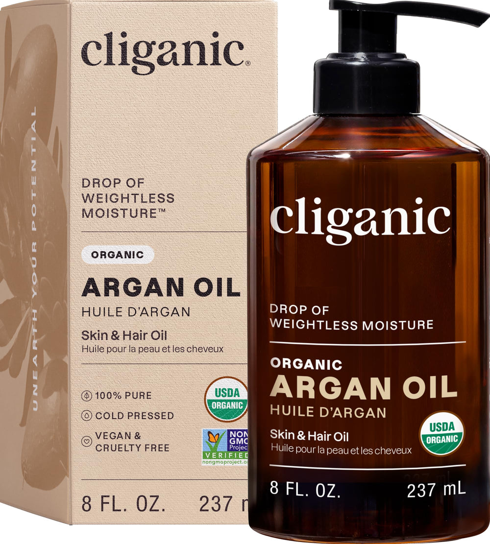 Cliganic huile argan: bouteille avec pompe 8oz, pratique et hygiénique.