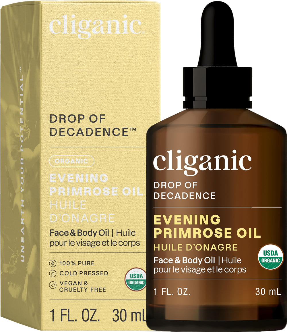 Cliganic Huile d’onagre biologique avec pipette, hydratation polyvalente pour peau et cheveux.