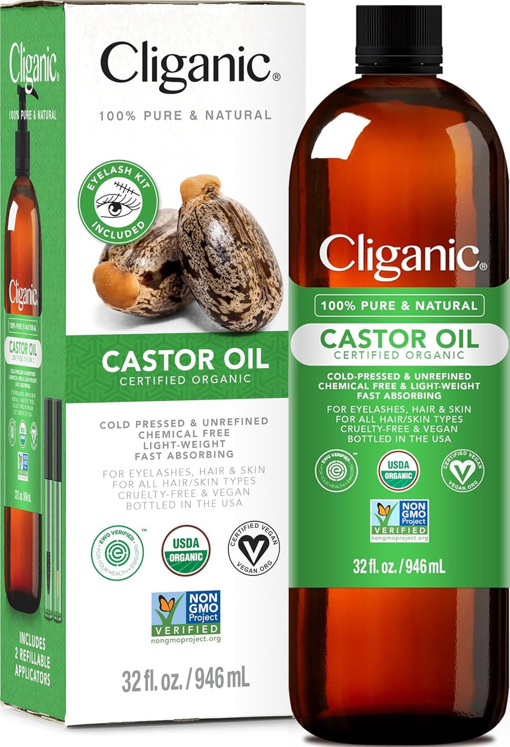 Huile de ricin Cliganic, bouteille 32oz, soin polyvalent pour cheveux et peau.