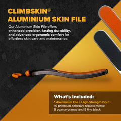 Tampons-grains-gros orange sur le Climbskin pour éliminer les callosités tenaces.