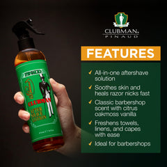 Clubman Lotion Après-Rasage en aérosol, parfum classique rappelant l'ambiance d'un barbier.