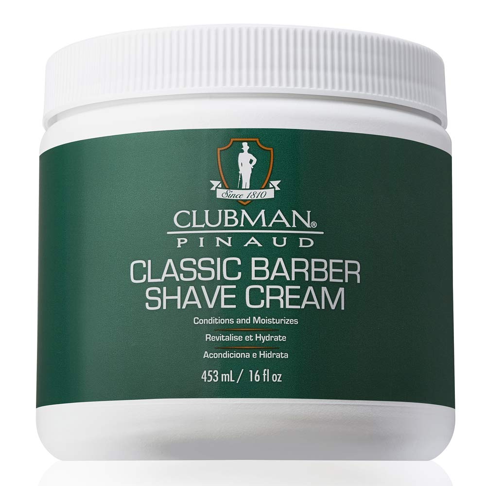Clubman Pinaud Crème de rasage classique en bocal offrant mousse riche et hydratante.