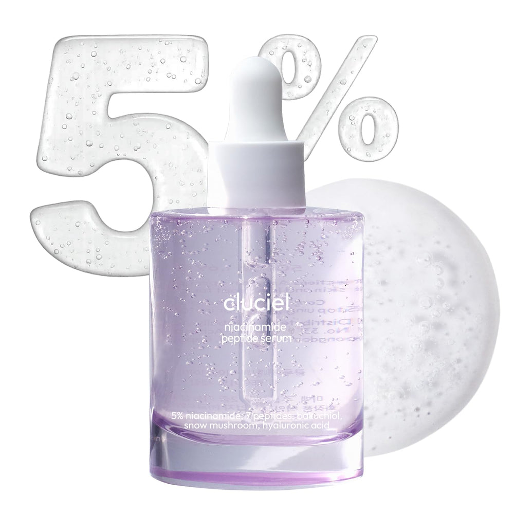 cluciel Niacinamide Peptide Serum, bouteille en verre transparente pour une application précise et un éclat naturel.