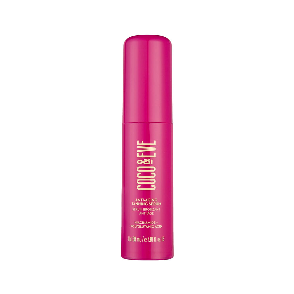 Coco & Eve serum bronzant anti-age en bouteille, hydratation durable et application précise.