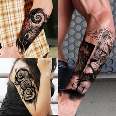 Tatouage tribal COKTAK avec motif loup-tigre sur avant-bras, effet réaliste.