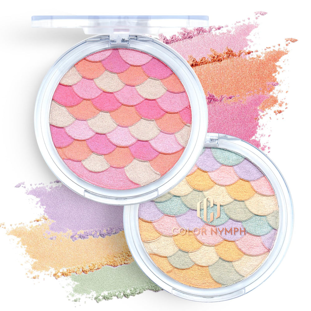 Palette Color Nymph avec design sirène, blush et poudre lumineuse pour un éclat naturel.