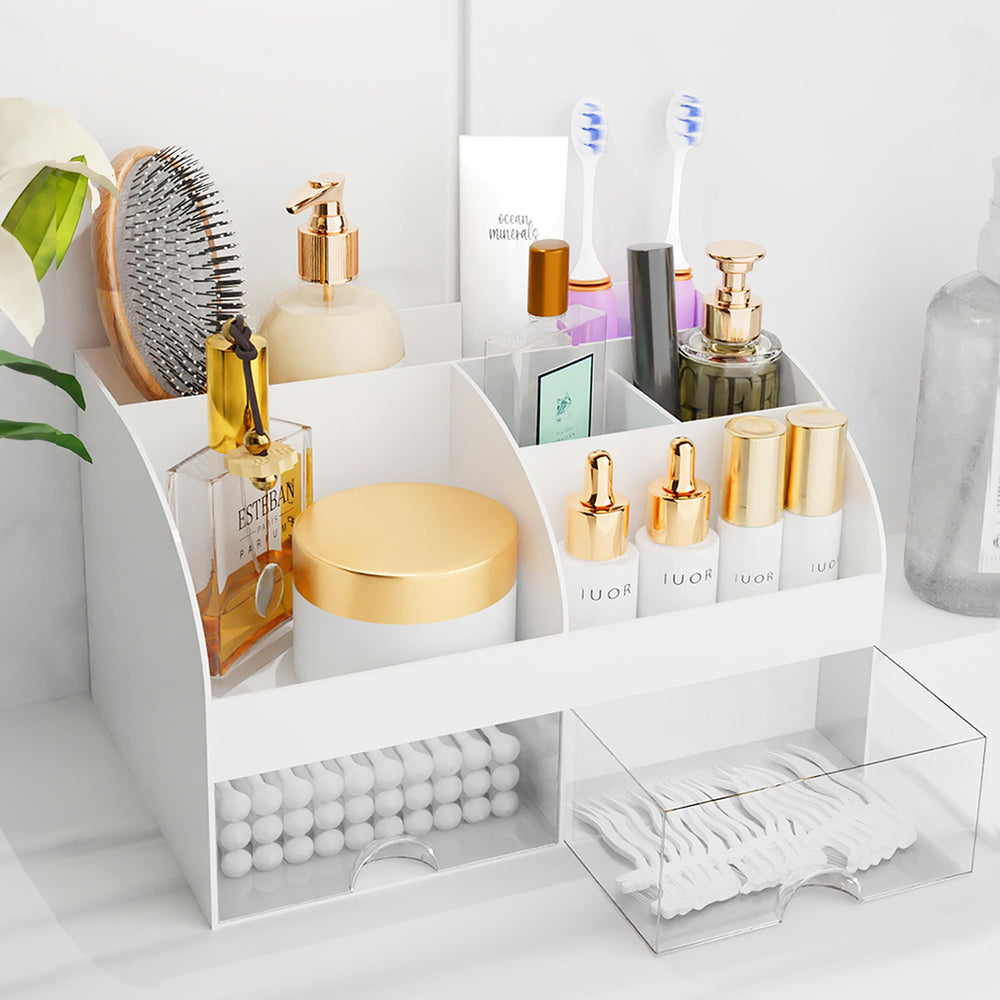 COMFYROOM Organiseur-maquillage-tiroirs-blanc, pratique pour garder le vanity propre et accessible.