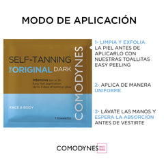 Utilisation facile des lingettes auto-bronzantes Comodynes pour un bronzage rapide.