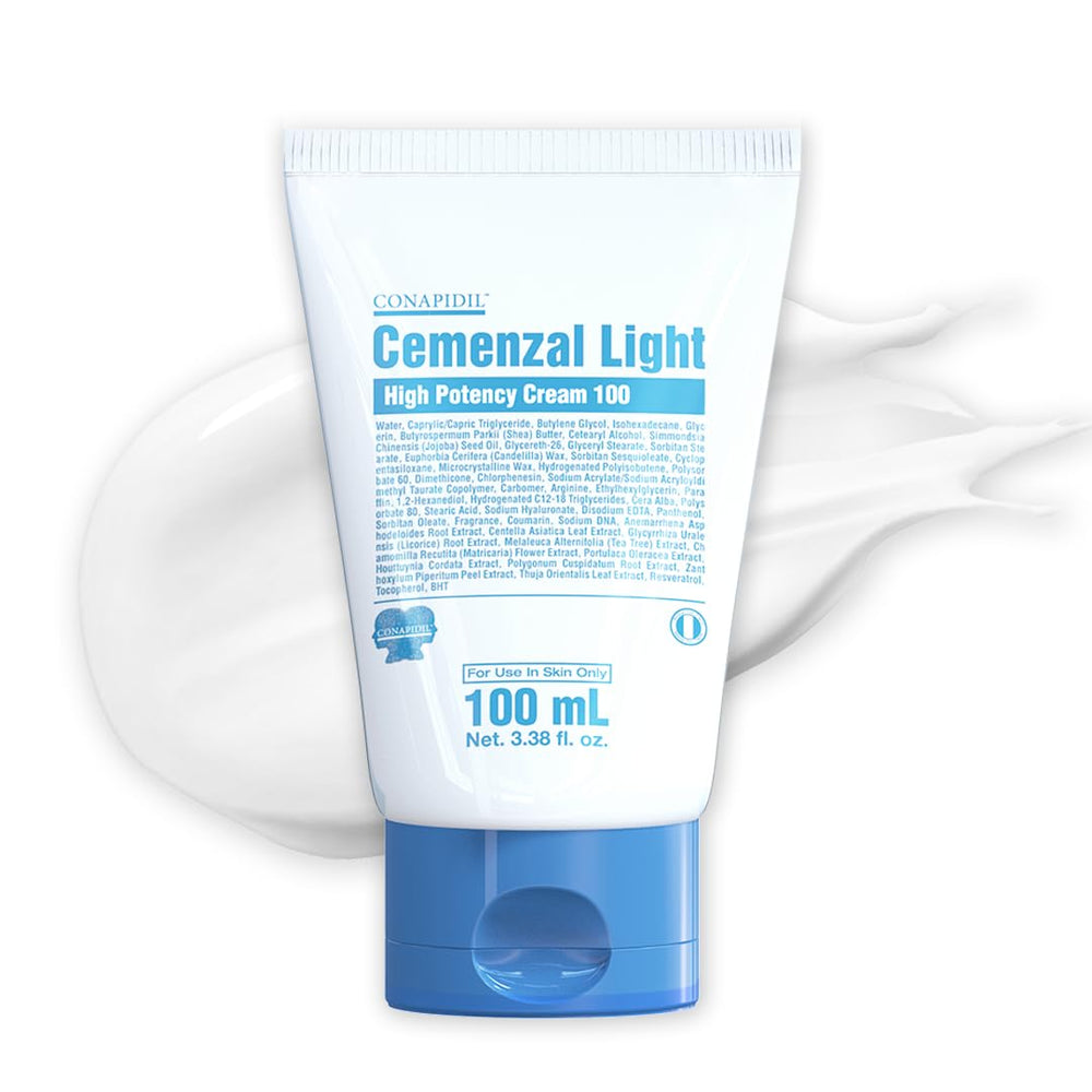 Cemenzal Light montre son flacon, formulation premium prête à nourrir la peau.