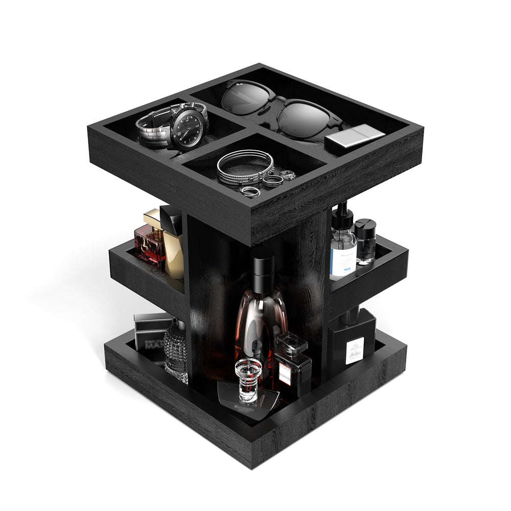 Coneqwliy étiquette bois noir, 3 niveaux pour colognes et petits articles.