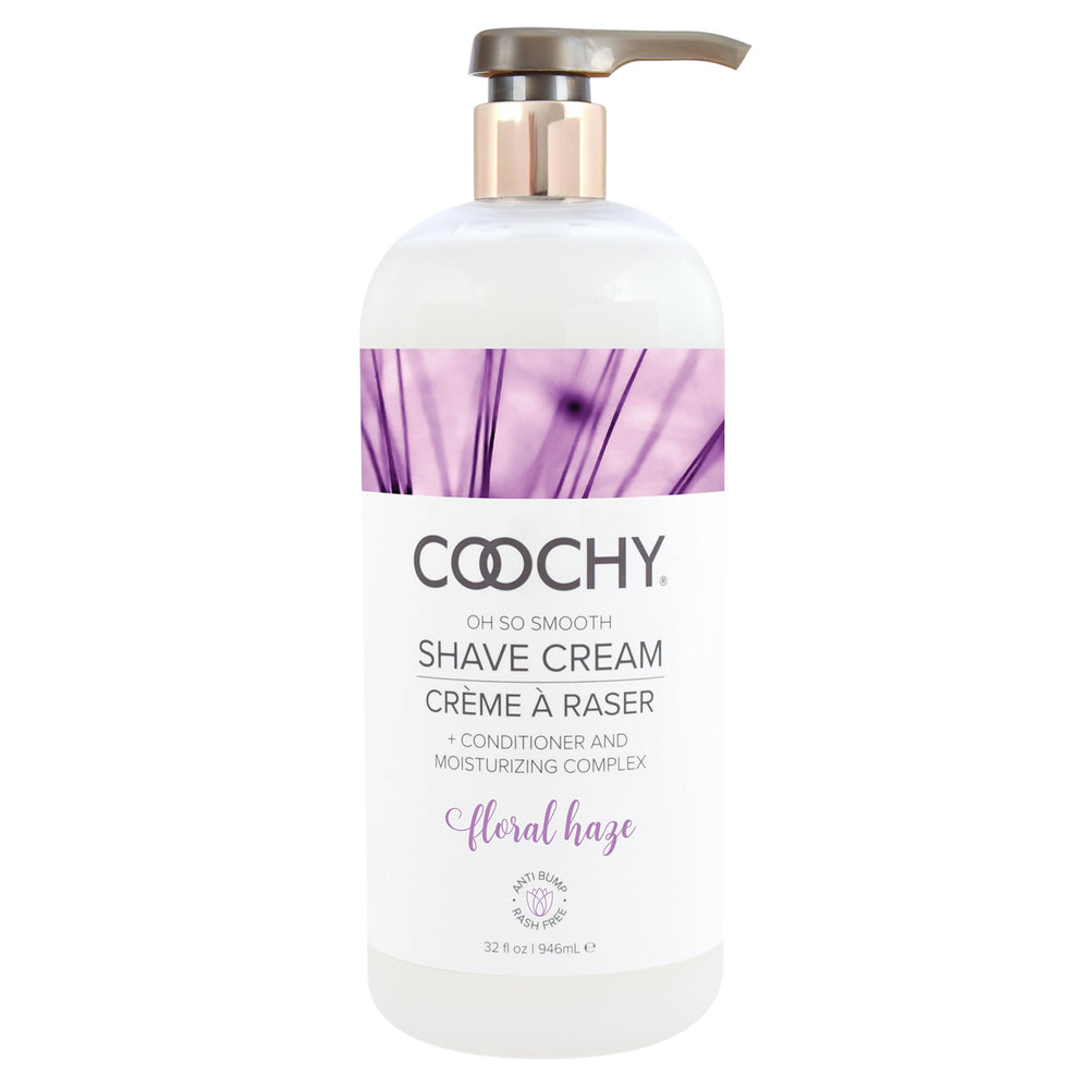 Coochy Shave Cream Floral Haze 32 oz, bouteille en vedette, hydratation longue durée.