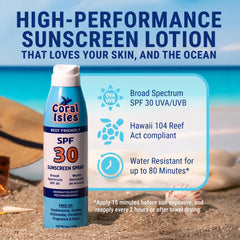Coral Isles Brume Solaire SPF30, flacon arrière avec étiquette et précautions.