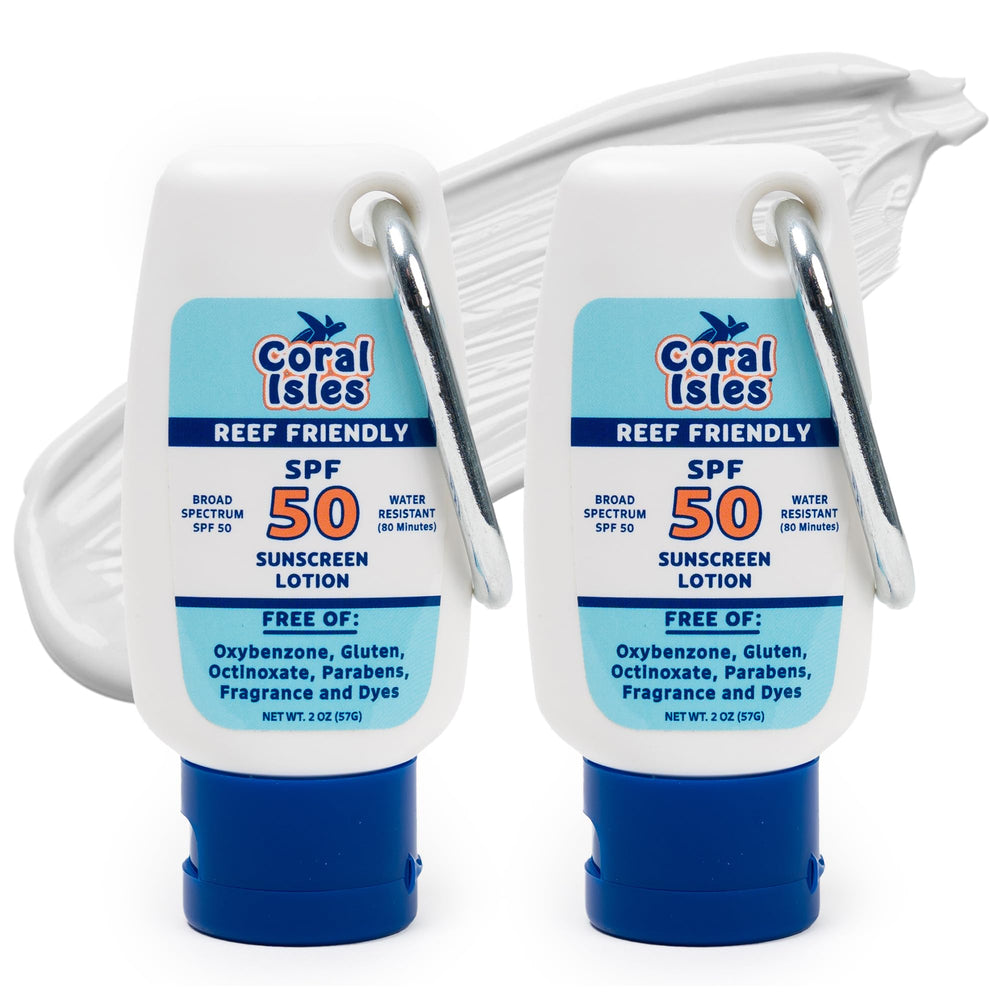 Coral Isles écran solaire Hawaii SPF50, bouteille vue de face prête pour l’aventure.