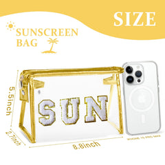 Pochette COSHAYSOO transparente pour crème solaire et articles beauté en voyage.