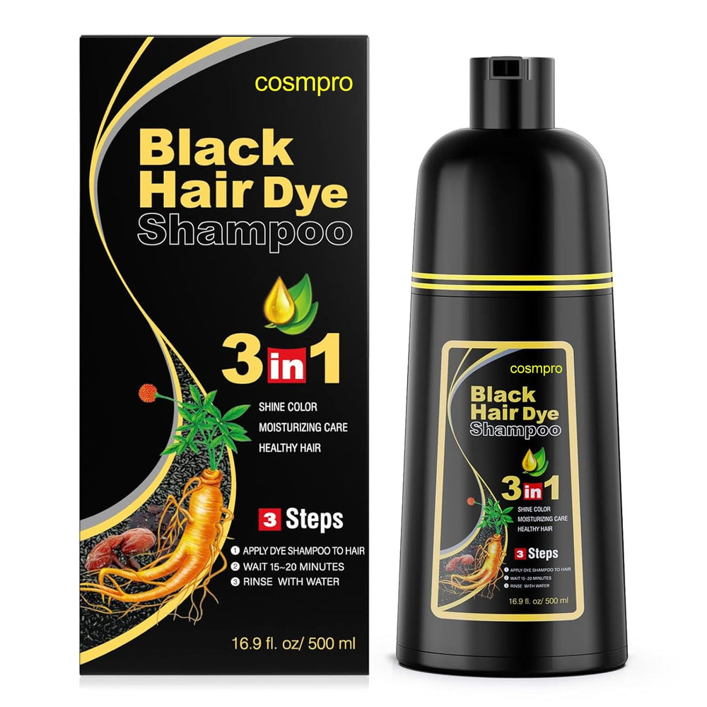 Cosmpro shampoing colorant noir 3 en 1 couvre durablement les cheveux gris.